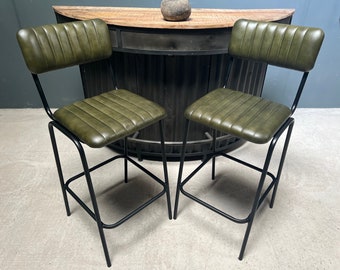 Pair of Vintage Style Ribbed Leather Bar Stools in Green