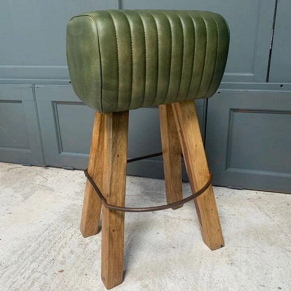 New Boxed Large Vintage Industrial Style Ribbed Leather Pommel Horse Bar Stool in Green