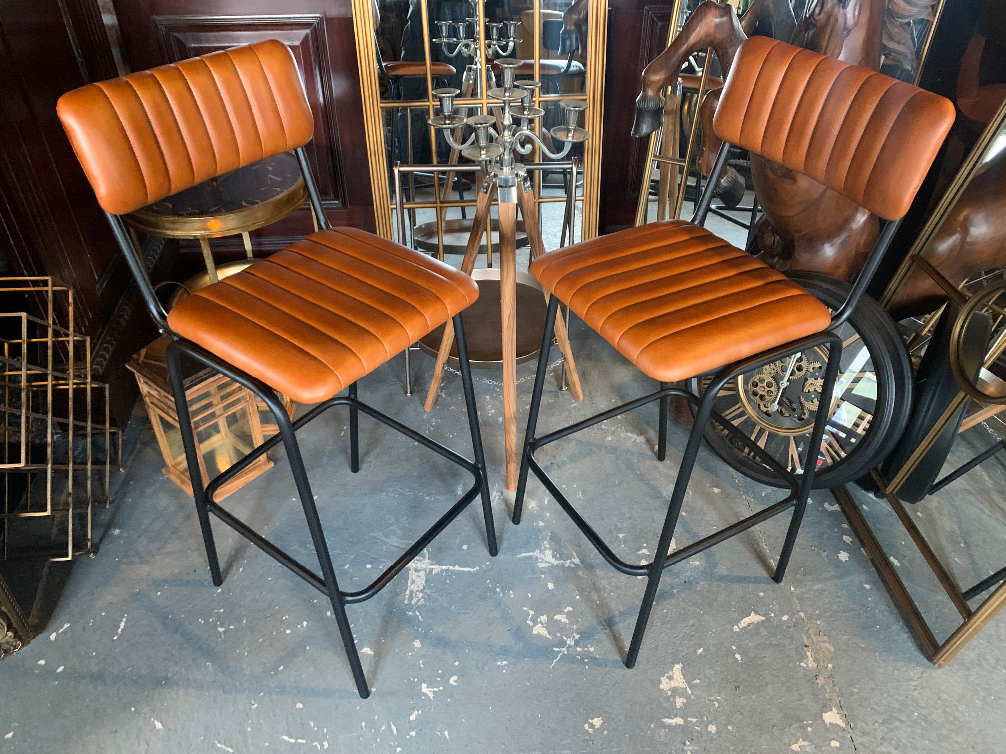 Pair of Large Vintage Style Ribbed Leather Bar Stools in Tan Etsy