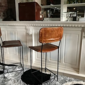 Brand New Pair of Large High Back Vintage Leather Bar Stools in Tan