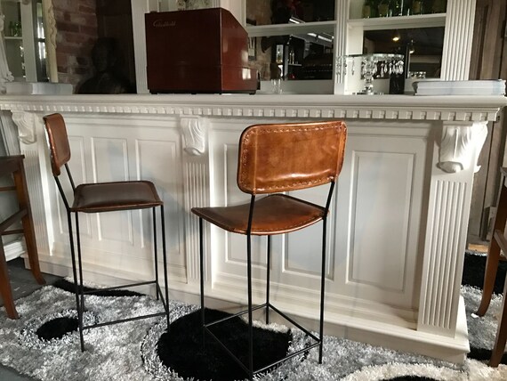 Brand New Pair of Large High Back Vintage Leather Bar Stools in