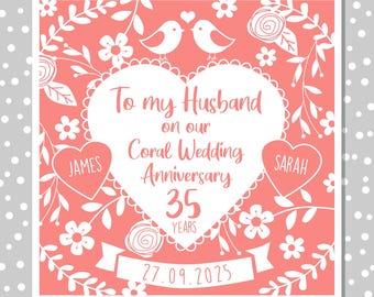 Personalised husband/wife Coral wedding Anniversary card/35th/love/flowers/heart