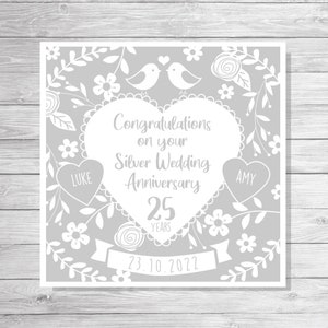 Personalised Silver wedding Anniversary card/25th/love/flowers/heart