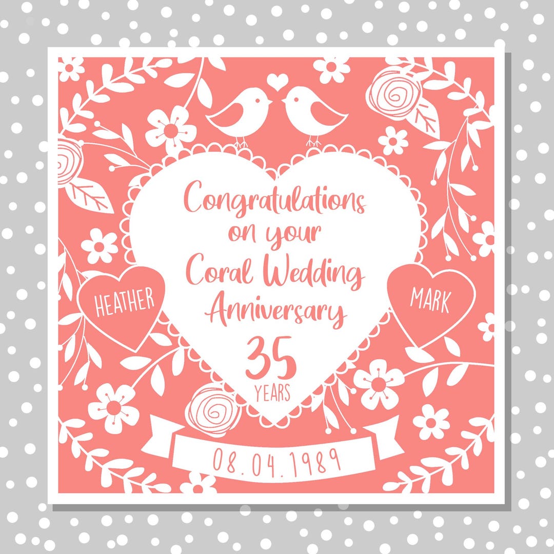 Handgemachte Glückwunschkarte 'Happy Anniversary Coral' Für 35 Jahre – Weiß Mit Glitzer & Strass, 16x16 Cm