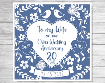 Personalised husband/wife China wedding Anniversary card/20th/love/flowers/heart