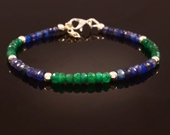 AAA Emerald & Blue Sapphire Faceted Beads Bracelet for women, Men Bracelet, Handmade Bracelet, 925 Sterling Silver Bracelet, Gift