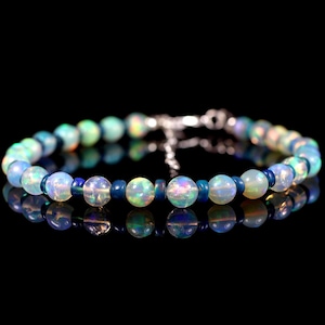 Pulsera de bolas de ópalo: auténtica piedra de nacimiento de octubre, plata de ley y oro