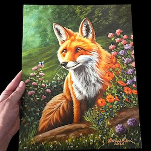 Red Fox and Wildflowers Wall Hanging Art PRINT on Paper, Original Acrylic Painting, Wildlife Nature Home Decor, Wild Animal Portrait Art