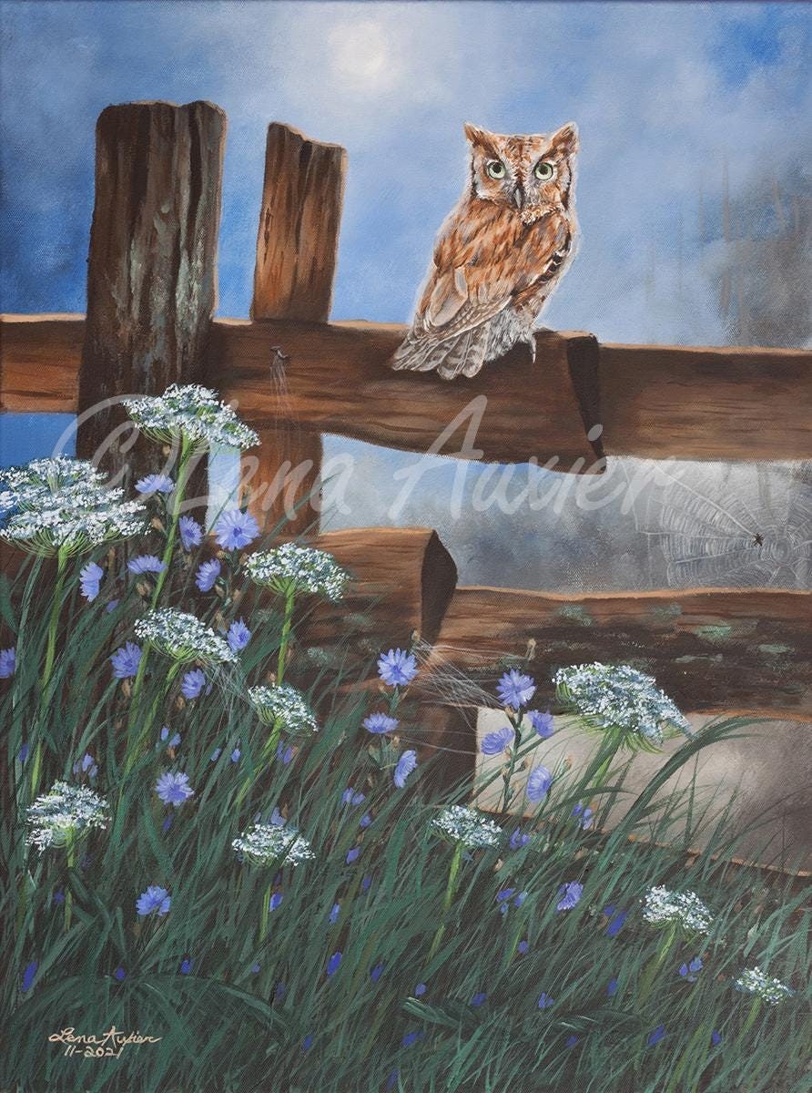 Hand Painted Screech Owl ORIGINAL Acrylic Stretched Canvas Painting 18x24, Rustic Wood Fence, Wildli