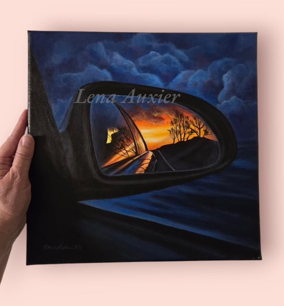 Sunset Car Mirror Original Acrylic Painting on Canvas, Hand