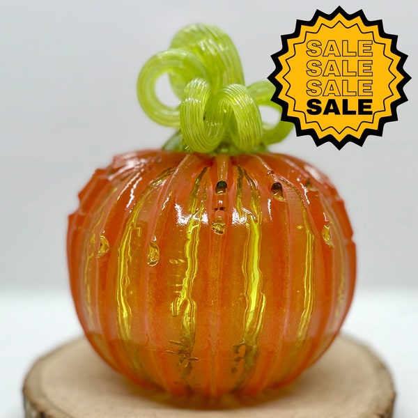 SALE!* 2023 (Large@85) Annual Collector Pumpkin Blown Glass Pumpkin orange and green with green mix stem Tacoma Glassblowing Studio TGS