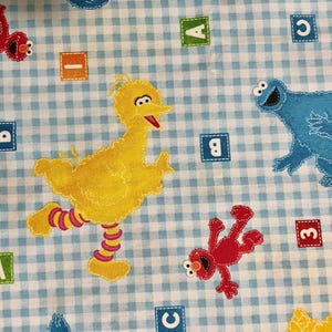 Sesame Street Fabric- Big Bird, Elmo, and Cookie Monster on Blue Gingham with 1,2,3 and A,B,C blocks -Hard to Find-Out of Print - 2011