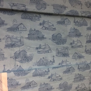 Homestead Blue-Barns and Mill print fabric -Ivy Lane By Quilting Treasures-Light Blue background w/darker outline of buildings