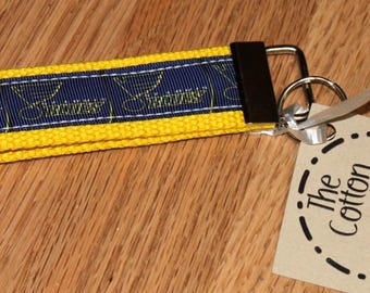 St. Louis Blues Key Fob, Key Wristlet, Blue Note Grosgrain Ribbon, Yellow Cotton Webbing with Silver-finish Hardware