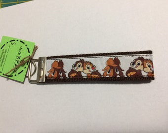 Disney Chip 'n Dale Chipmunk Character Key Fob, Key Wristlet, Grosgrain Ribbon with Black, Brown or Tan Cotton Webbing with Silver Hardware