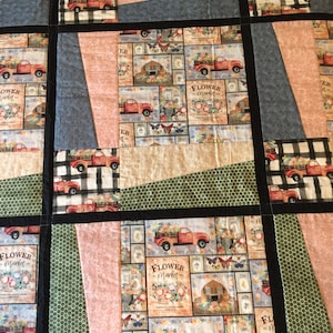 Flower Junction Quilt Handmade - Queen size - Floral Pickup Truck blocks, pink floral, beige floral, blue butterflies, green honeycomb print