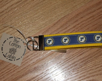 St. Louis Blues Ribbon and Webbing Key Fob, Key Tag, Wristlet, Blue Ribbon and Yellow Webbing with silver-finish Hardware