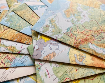 10 Handmade Envelopes, created from old world maps, great Stationary, for snailmail, Cute Stationary, medium format, vintage