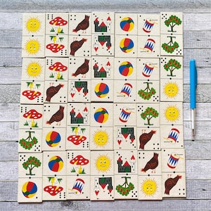 28 fichas de dominó vintage, cartón, diseños divertidos, juego completo, hongos, árboles, sol, bola, música, blanco, producto real, elemento de juego, fichas de dominó,