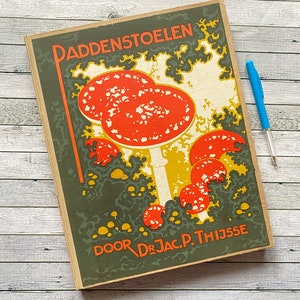 Livro de histórias vintage da década de 1930, sapos, cogumelos holandeses, livro ilustrado com cartas colecionáveis, produto real