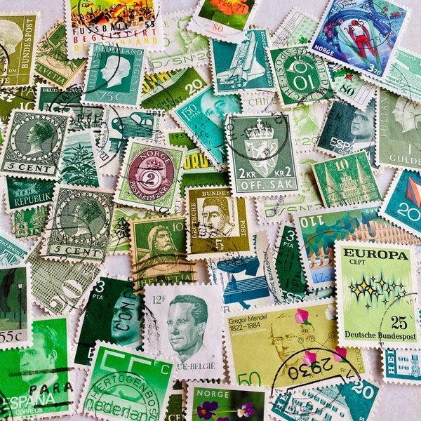 Green, vintage, old postage stamps from all over the world. Colour coordinated, Scrapbook, DIY, Junk Journal, Artwork