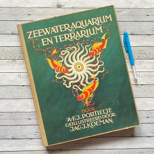 Terrario y acuario de agua de mar, holandés, Verkade, álbum, libro ilustrado, ilustraciones, libro antiguo, con imágenes, libro de 1930, vintage, peces