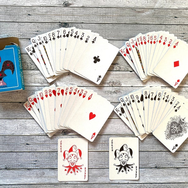 Complete, vintage, playingcard, portugal, rooster, macau, hearts, diamonds, spades, bridge, playing cards, jokers, spanish