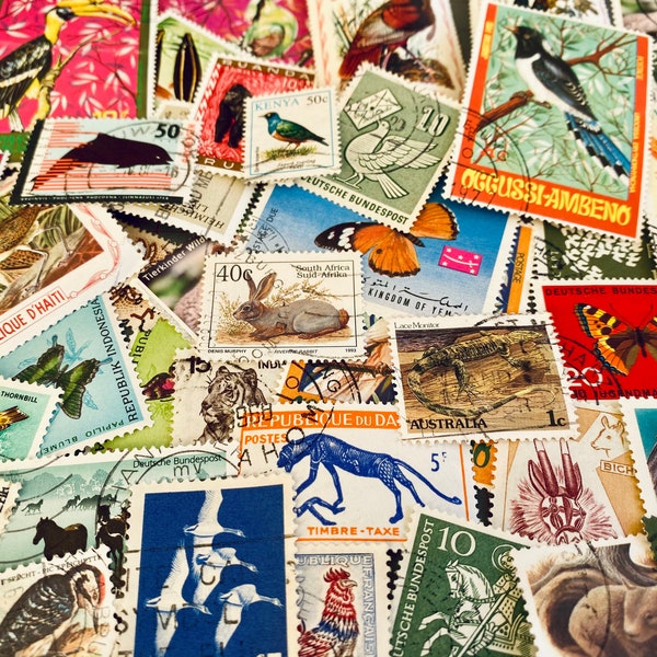 Vintage, Colourful, poststamps from all over the world, colour coordination possible. Female, women, animals, flowers, wildlife, lucky dip,