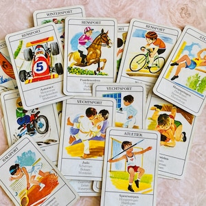 Jogo de cartas vintage com tema esportivo. Conjunto completo de cartas. Boxe infantil holandês, natação, cavalgadas e muito mais.