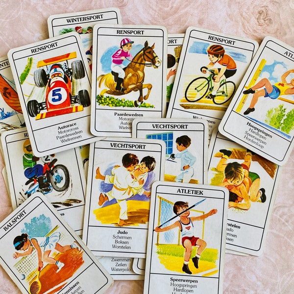24 vintage, sport, kinderthema, vintage kaartspel. Complete set speelkaarten. Nederlands, kinderen, water, motor, paard, voetbal, boksen