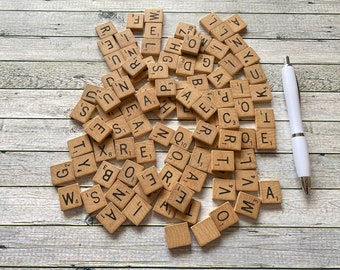 Set of 100, vintage, wooden, scrabble, letters  game, black, wooden, tiles, earrings, unique, different, colourful, letters, markers,