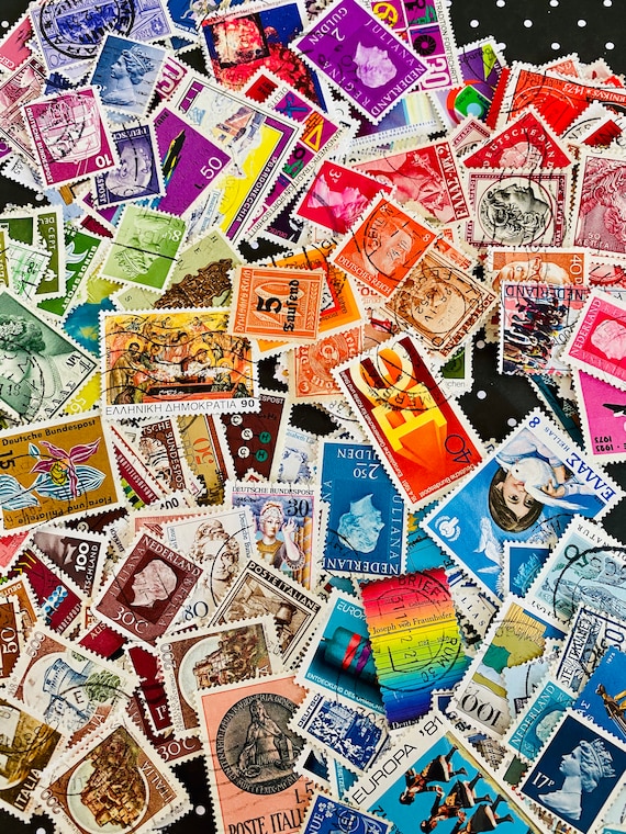 100 Colourful, Vintage, Old, Post Stamps From All Over the World Theme,  Colour Coordinated, Scrapbook, Miniature, Junk Journal Artwork 