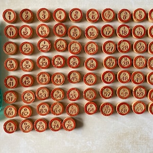 75 Bingo Numbers, Wooden Lotto Numbers, Vintage Bingo Markers 