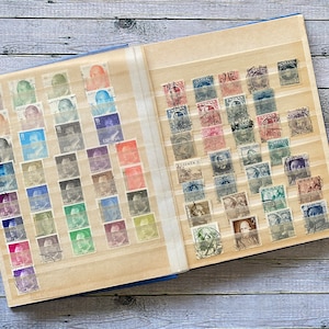 poststamp Album A5 format. Blue half full Stamp Collection.  Junkjournal Postal Stamp Book. Philately album