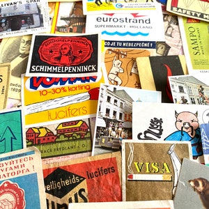100 vintage Streichholzschachtel-Etiketten Ephemera Sammlerstücke, Vintage, niederländisch, tolles Ephemera-Papier Ephemera, Lucky Dip, Bilder, 50er - 70er Jahre