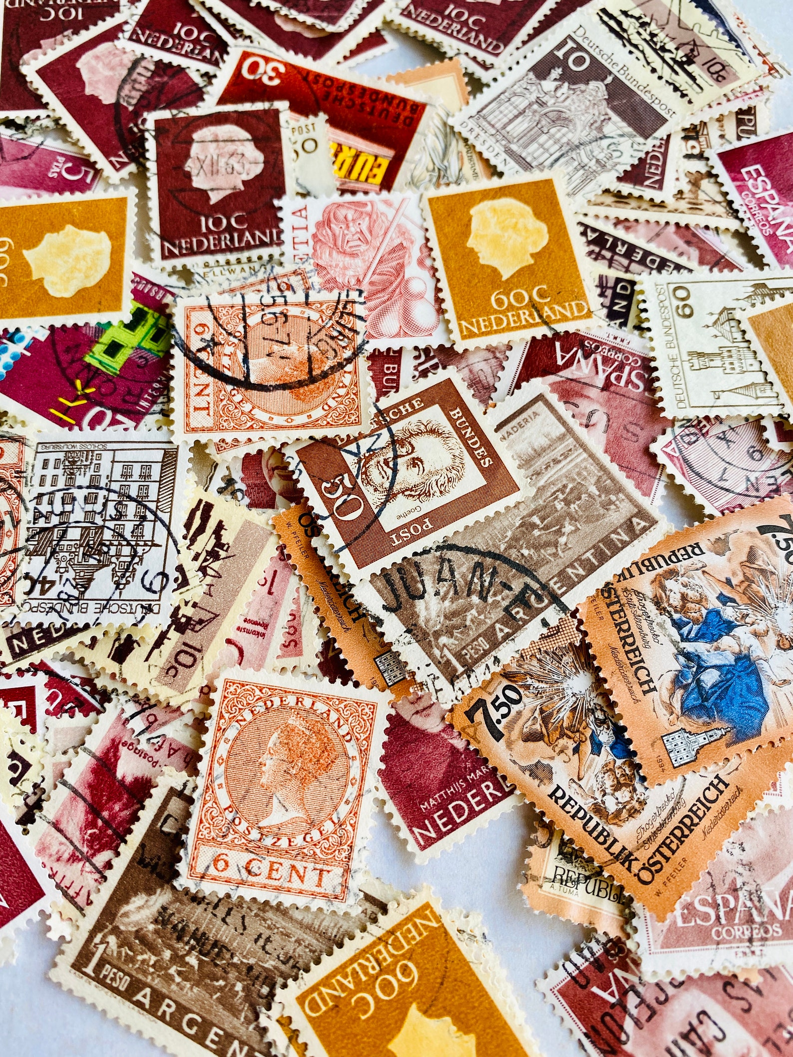 Brown Vintage Old Postage Stamps From All Over the World. Etsy UK