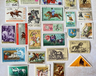 Timbres postaux sur le thème du cheval de 25 pièces uniques, vintage. Idéal pour le journal indésirable, les collages, les animaux, les fêtes, les escargots, les chevaux