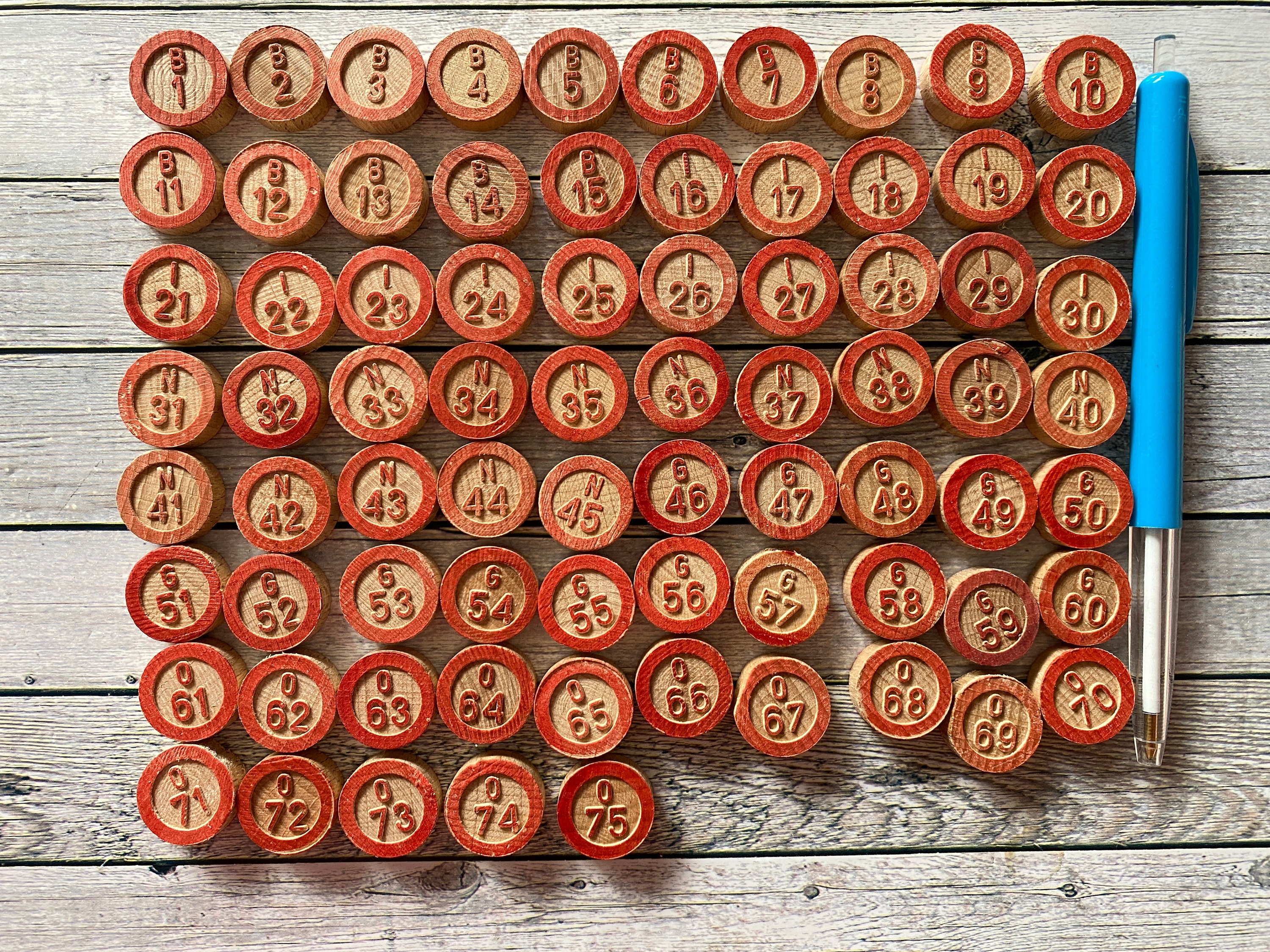 Set of 75, Vintage, Wooden, Bingo Numbers, Tombola Game, Lotto