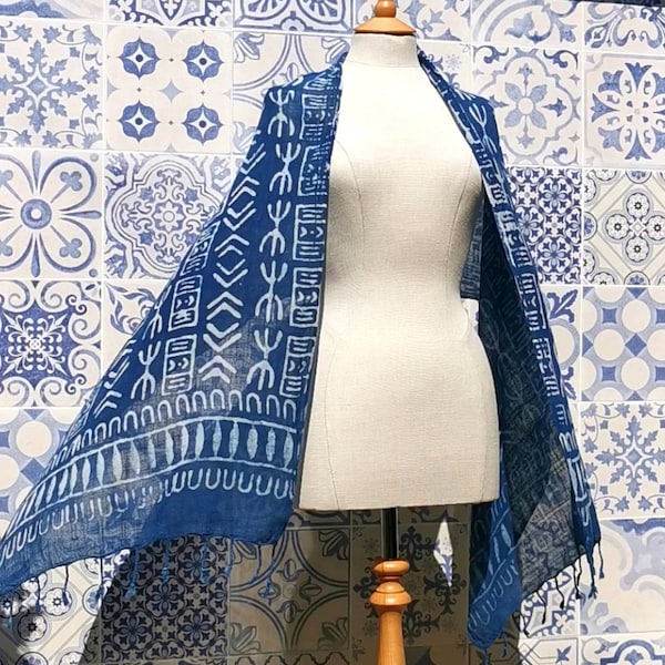 Hand Woven Hand Dyed Block Printed Indigo Scarf | Hand Printed | Pure Cotton | Ideal Gift | Beach Sarong | Indigo Blue Shawl