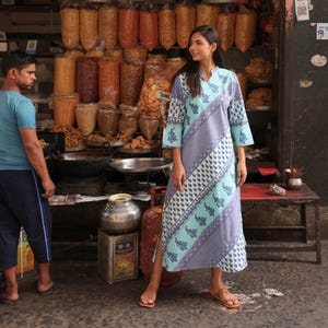 Block Print Tunic Dress: Organic Cotton, Peppermint Blue, Three Quarter Sleeves