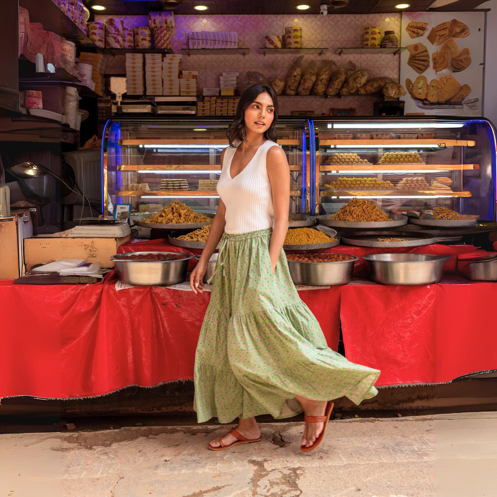 Hand Block Print Cotton Maxi Skirt: Sage Green Tiered Boho Skirt