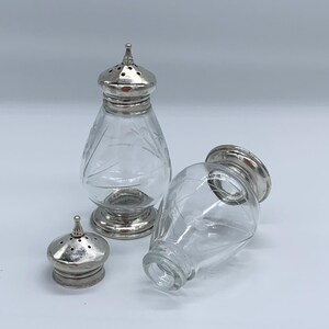 May include: A set of two silver and glass salt shakers with a clear glass body and a silver top. The shakers have a decorative etched design on the glass.