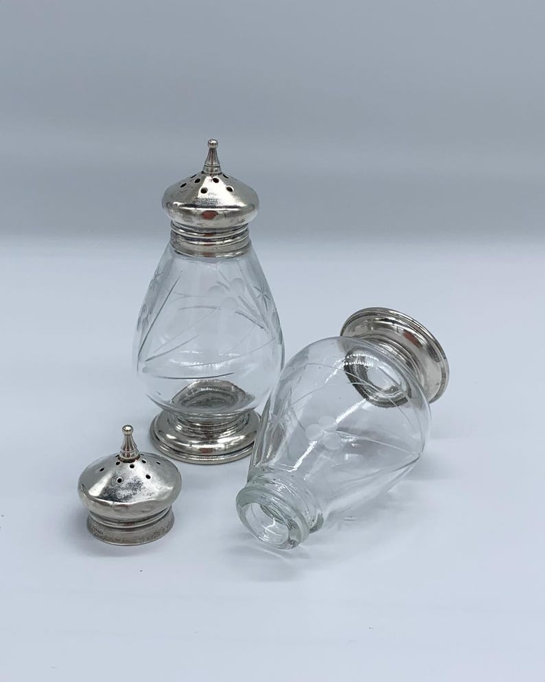 May include: A set of two silver and glass salt shakers with a clear glass body and a silver top. The shakers have a decorative etched design on the glass.