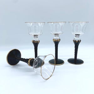 Vintage Black and Gold Twist Stem Wine Glasses - Set of 4