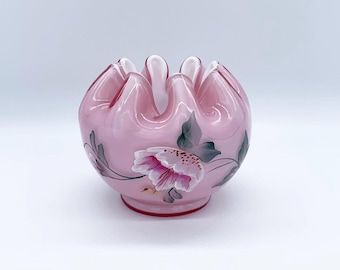 Fenton Art Glass Rose Bowl: Pink Overlay, Hand-Painted Floral, Ruffled Edge
