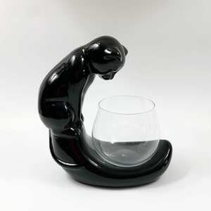 Royal Haeger USA Ceramic Black Cat Sculpture with Fish Bowl, Planter, Votive Candle Holder, Home Decor