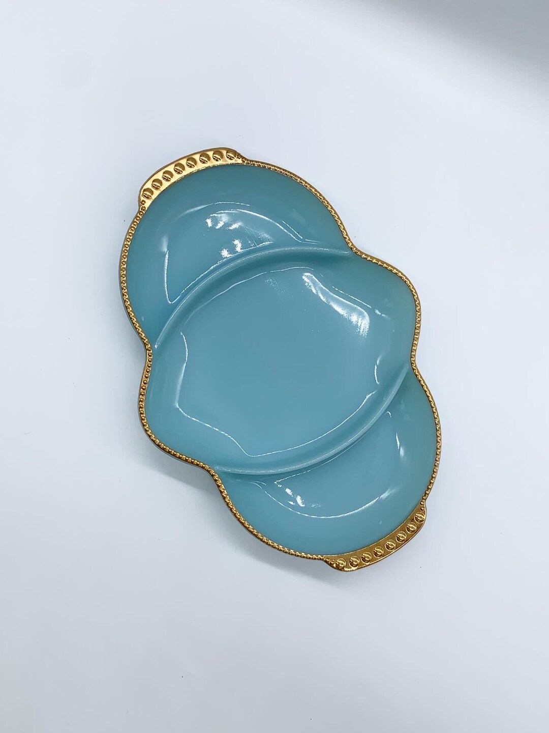 Fireking Ovenware Turquoise Blue Oblong 3 Part Relish Tray With Gold ...