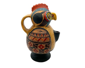 Vintage Cusco Peru Pottery Chicha Jug, Handcrafted and Painted Owl Figural Pitcher, Geometric Patterns, Peruvian Folk Art, Bohemian Decor