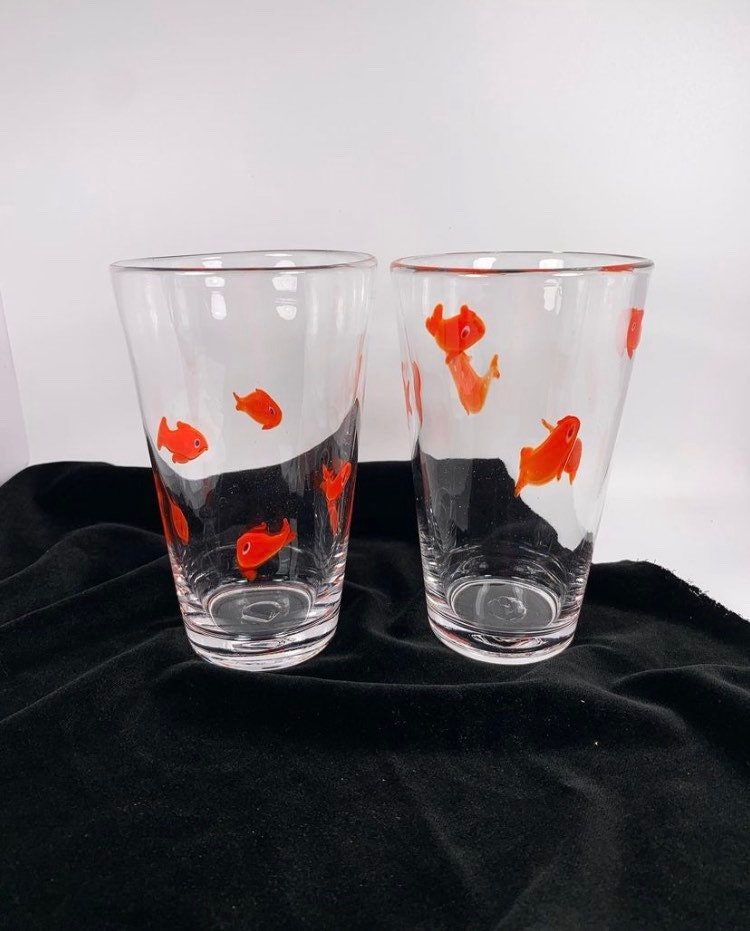 Crate & Barrel Hand Blown Goldfish Highball Glasses, Fused Art Glass  Tumblers, Drinking Glasses, Set of 2 