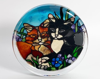 Joan Baker Designs Hand Painted Tiffany Cat Stained Glass Paperweight, Desk/ Office Accessory